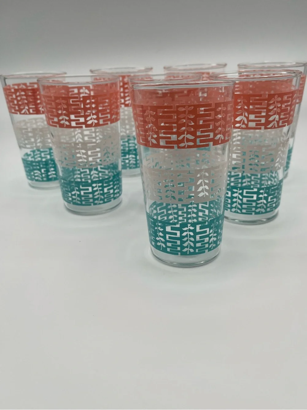 8 Pastel Anchor Hocking Peekaboo Leaf Drinking Glasses Vintage Tumblers MCM